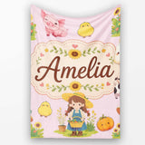 Cute Farm Girl Animals Harvest Seamless Pattern Pink Background  Personalised Custom Name Super Soft Fleece Blanket Bed Sofa Throw