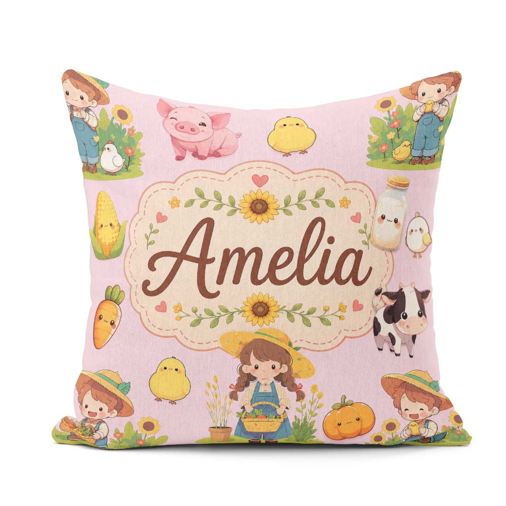Custom Name Cute Farm Girl Animals Harvest Seamless Pattern Pink Square Filled Cushion Throw Pillow Sofa Bed Home Decor Zip Washable UK Made