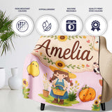 Cute Farm Girl Animals Harvest Seamless Pattern Pink Background  Personalised Custom Name Super Soft Fleece Blanket Bed Sofa Throw