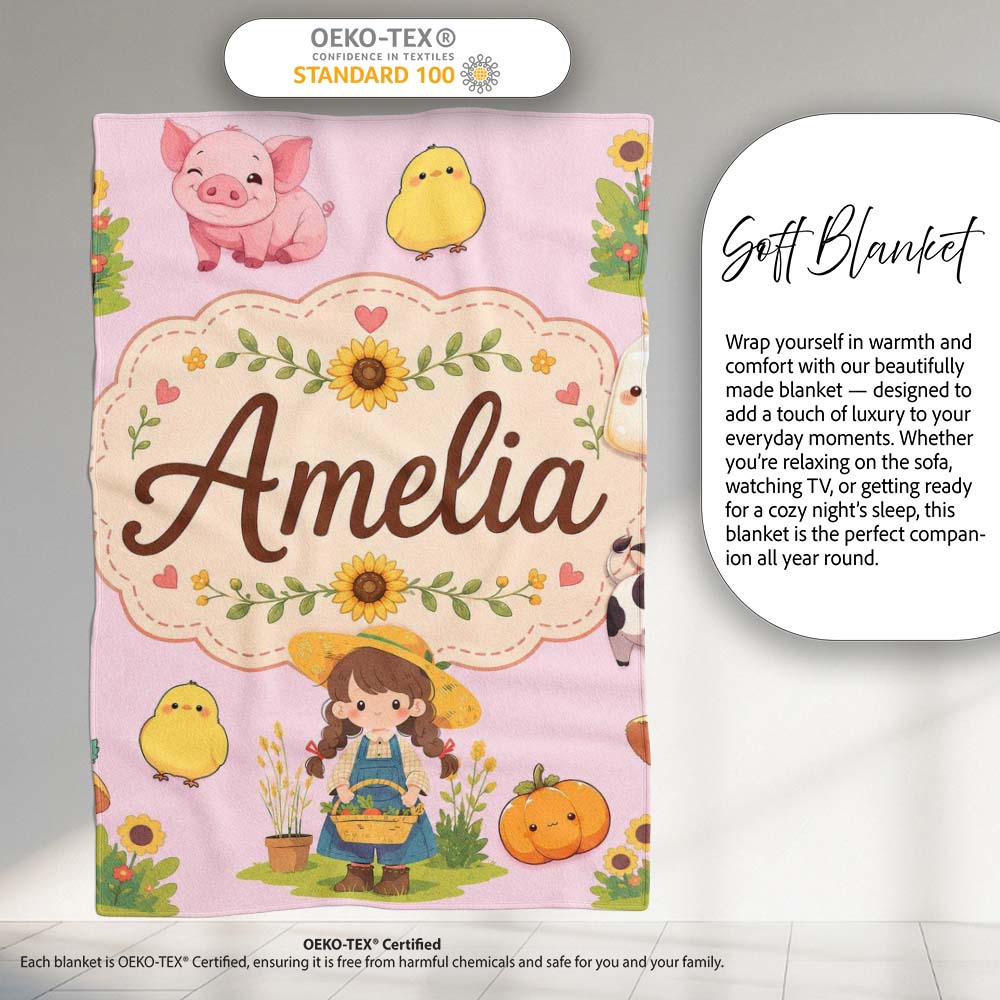 Cute Farm Girl Animals Harvest Seamless Pattern Pink Background  Personalised Custom Name Super Soft Fleece Blanket Bed Sofa Throw