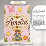Cute Farm Girl Animals Harvest Seamless Pattern Pink Background  Personalised Custom Name Super Soft Fleece Blanket Bed Sofa Throw