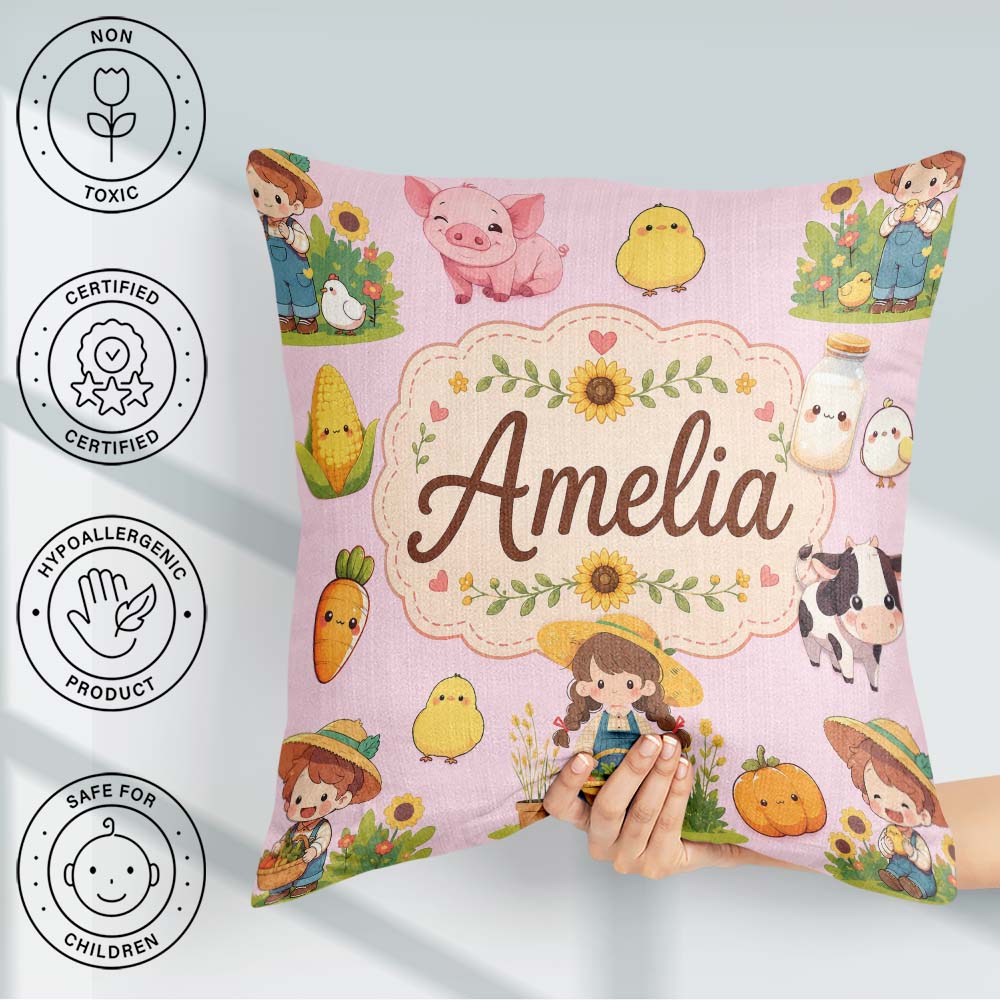 Custom Name Cute Farm Girl Animals Harvest Seamless Pattern Pink Square Filled Cushion Throw Pillow Sofa Bed Home Decor Zip Washable UK Made