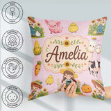 Custom Name Cute Farm Girl Animals Harvest Seamless Pattern Pink Square Filled Cushion Throw Pillow Sofa Bed Home Decor Zip Washable UK Made