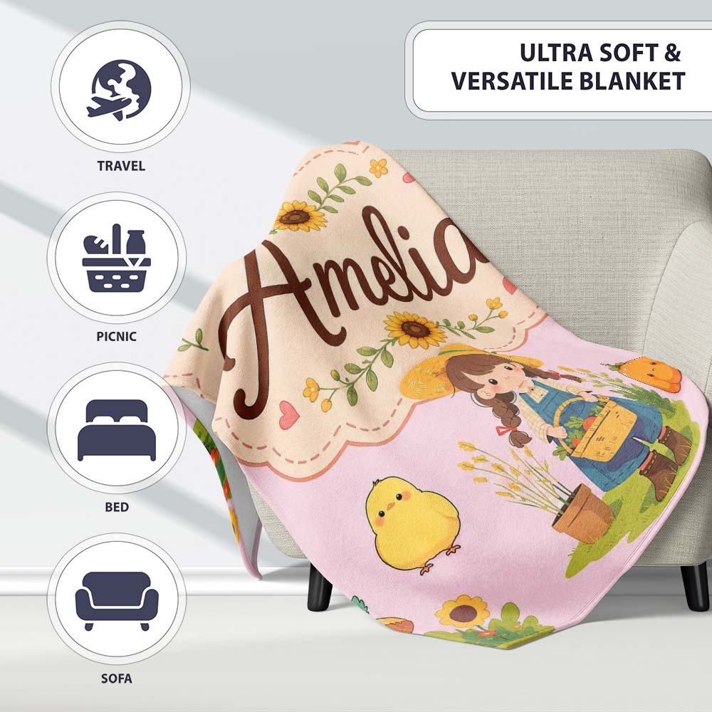 Cute Farm Girl Animals Harvest Seamless Pattern Pink Background  Personalised Custom Name Super Soft Fleece Blanket Bed Sofa Throw