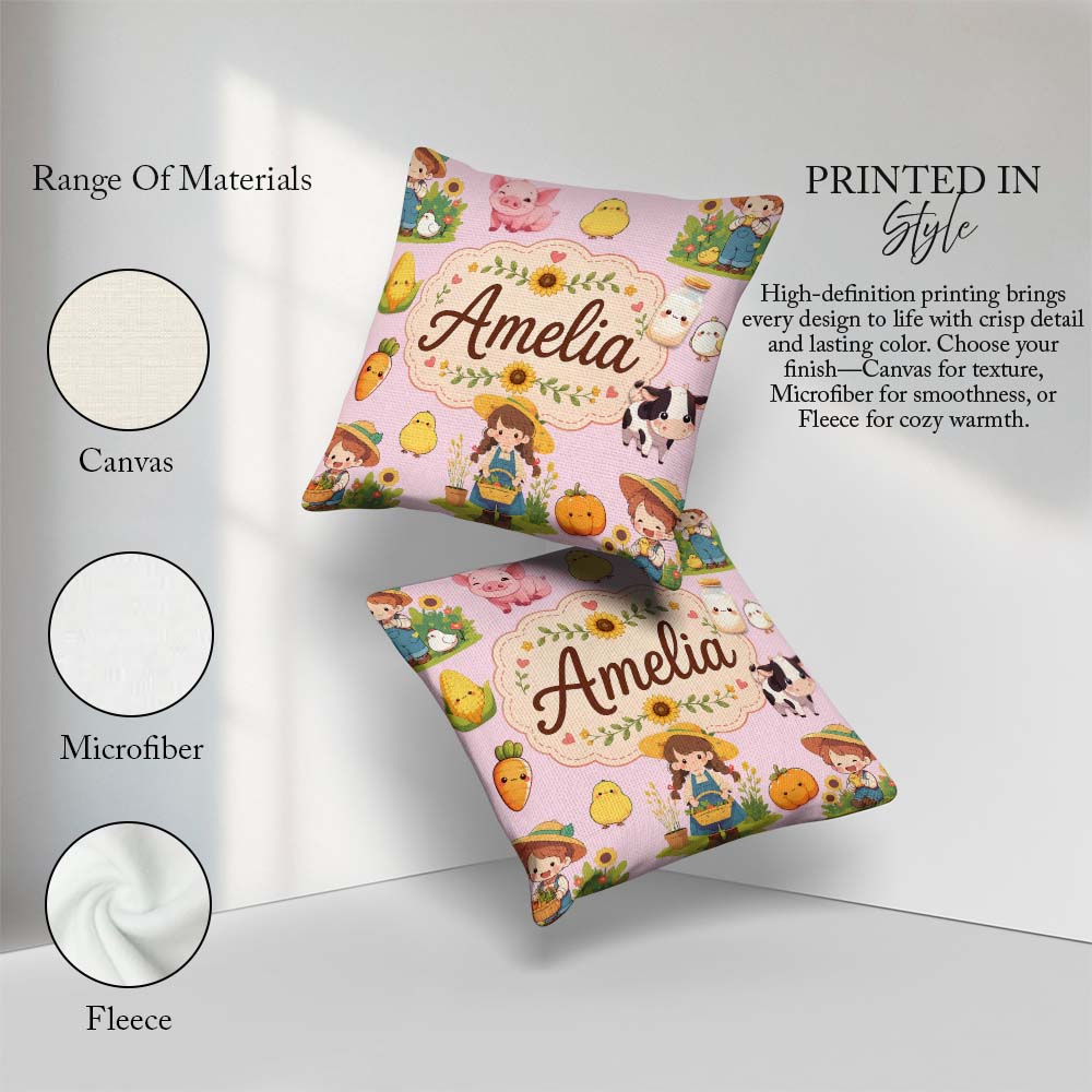 Custom Name Cute Farm Girl Animals Harvest Seamless Pattern Pink Square Filled Cushion Throw Pillow Sofa Bed Home Decor Zip Washable UK Made