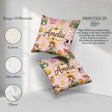 Custom Name Cute Farm Girl Animals Harvest Seamless Pattern Pink Square Filled Cushion Throw Pillow Sofa Bed Home Decor Zip Washable UK Made