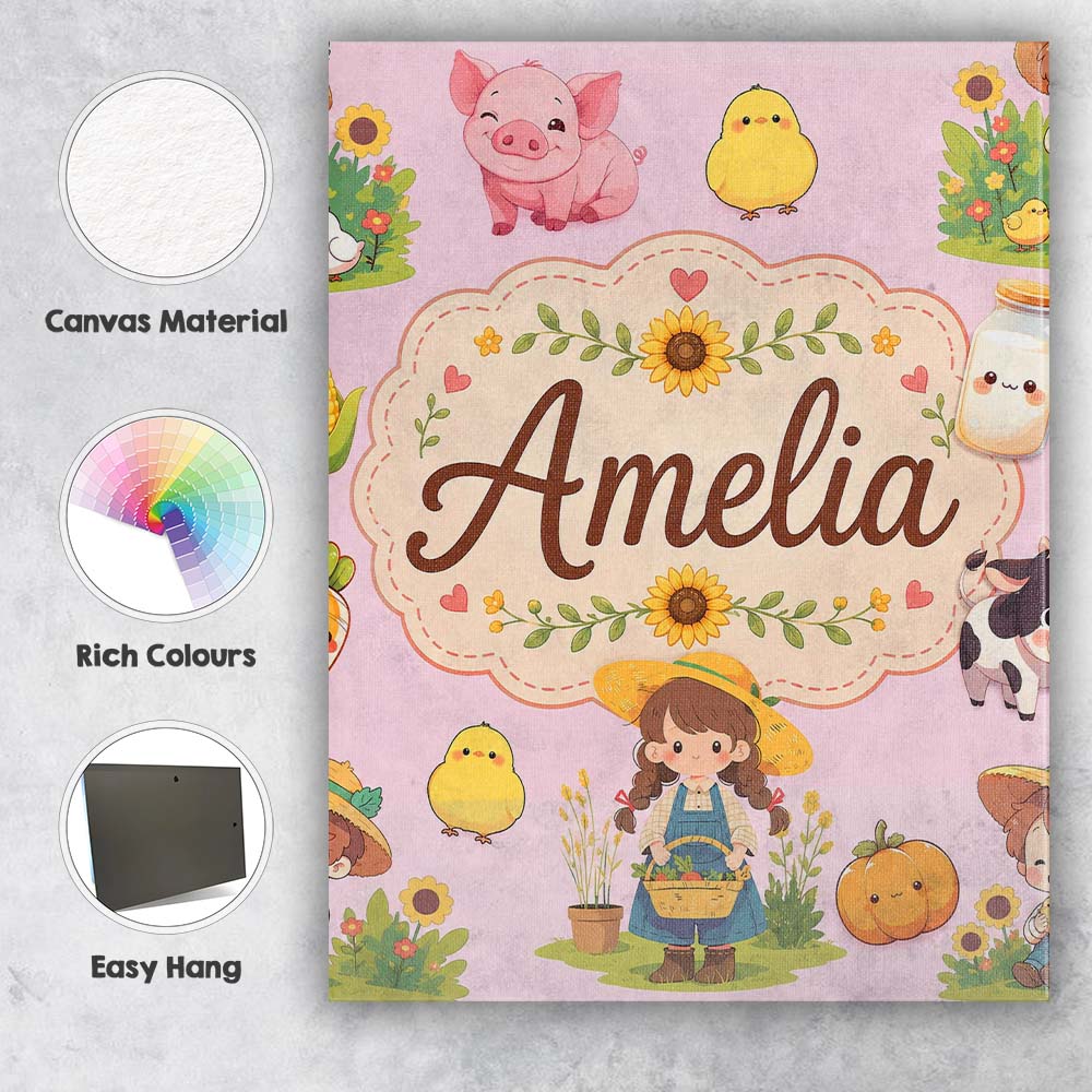 Personalised Name Cute Farm Girl Animals Custom  Unique Gift Idea Elegant Feature Canvas Wall Art Print Decor Picture Ready to Hang
