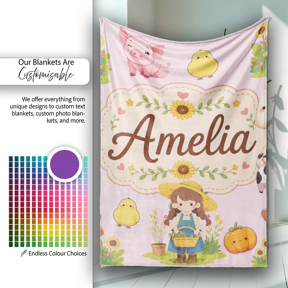 Cute Farm Girl Animals Harvest Seamless Pattern Pink Background  Personalised Custom Name Super Soft Fleece Blanket Bed Sofa Throw