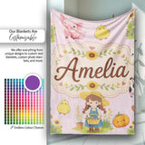 Cute Farm Girl Animals Harvest Seamless Pattern Pink Background  Personalised Custom Name Super Soft Fleece Blanket Bed Sofa Throw