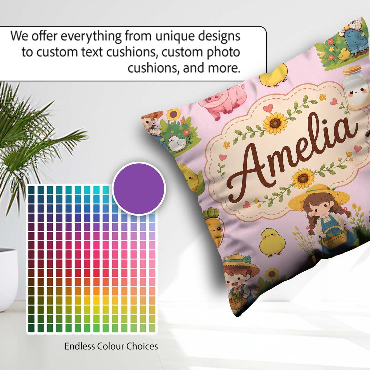 Custom Name Cute Farm Girl Animals Harvest Seamless Pattern Pink Square Filled Cushion Throw Pillow Sofa Bed Home Decor Zip Washable UK Made