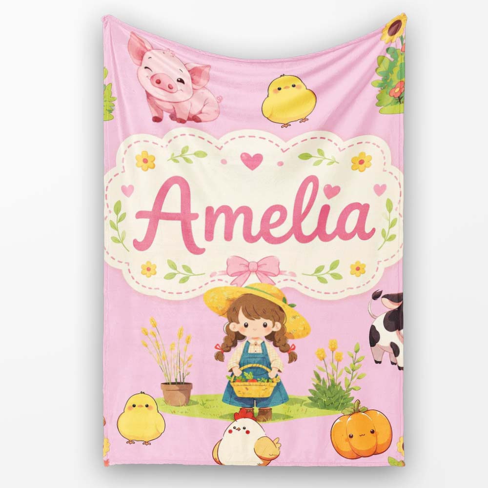 Cute Farm Girl Animals Harvest Seamless Pattern Pink Background  Personalised Custom Name Super Soft Fleece Blanket Bed Sofa Throw