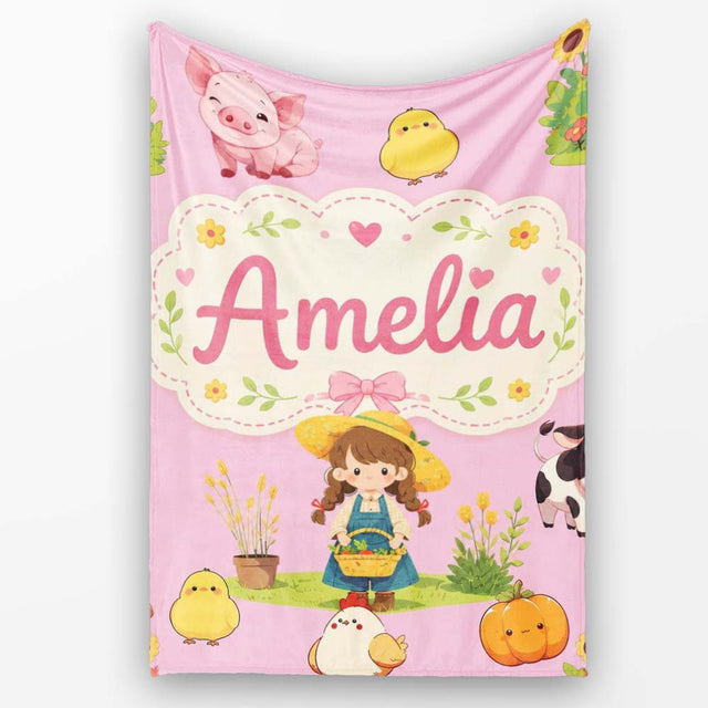 Cute Farm Girl Animals Harvest Seamless Pattern Pink Background  Personalised Custom Name Super Soft Fleece Blanket Bed Sofa Throw