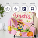 Cute Farm Girl Animals Harvest Seamless Pattern Pink Background  Personalised Custom Name Super Soft Fleece Blanket Bed Sofa Throw