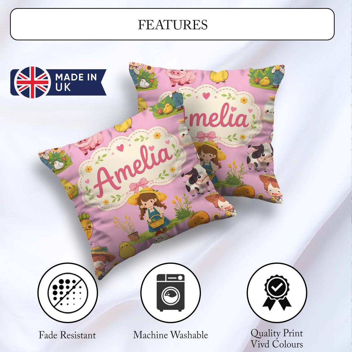 Custom Name Cute Farm Girl Animals Harvest Seamless Pattern Pink Square Filled Cushion Throw Pillow Sofa Bed Home Decor Zip Washable UK Made