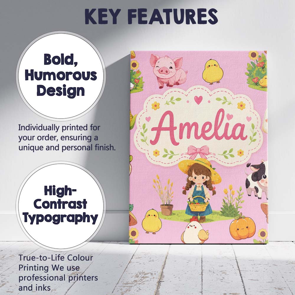 Personalised Name Cute Farm Girl Animals Custom  Unique Gift Idea Elegant Feature Canvas Wall Art Print Decor Picture Ready to Hang