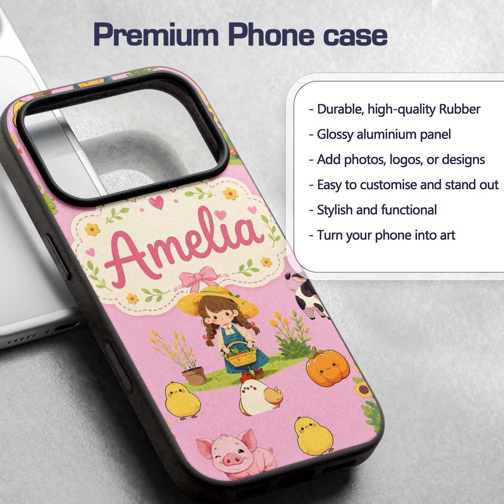 Cute Farm Girl Animals Harvest Seamless Pattern Custom Name Protective Phone Case Mobile Cover Durable Everyday Smartphone Shock Resistant