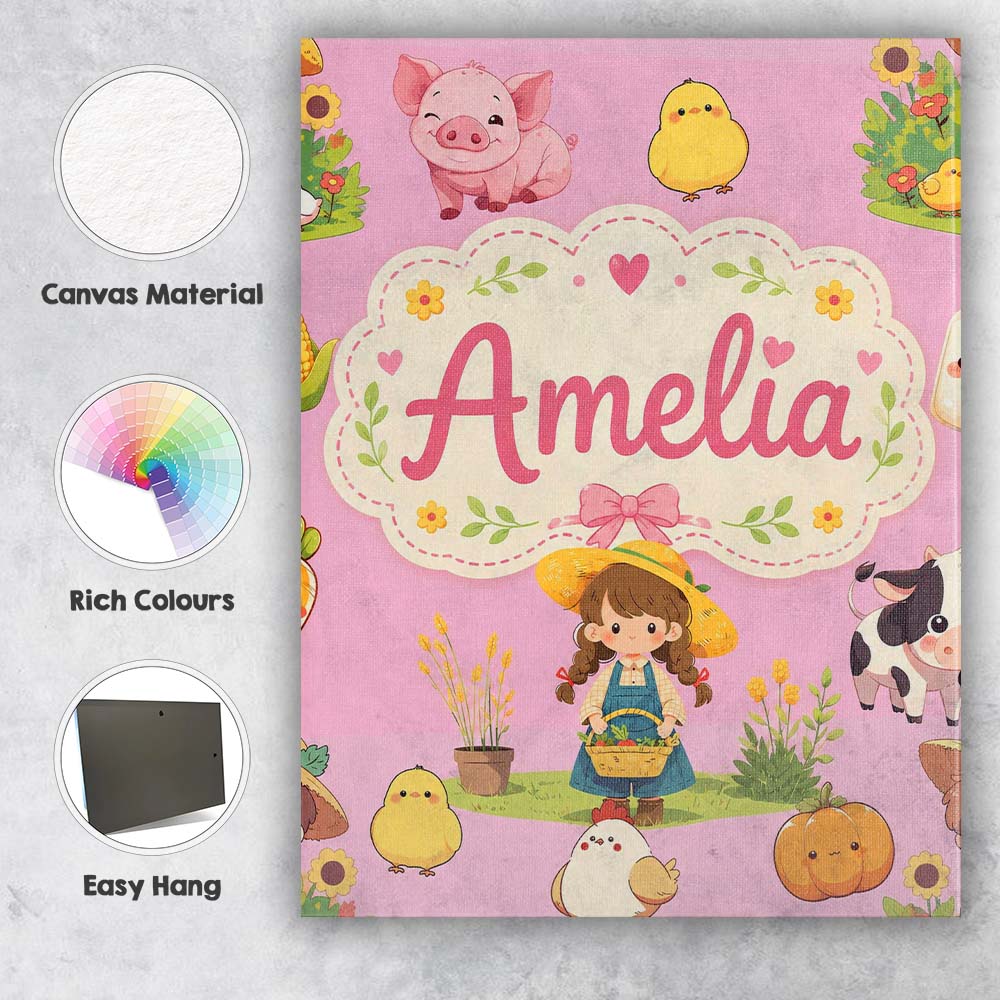 Personalised Name Cute Farm Girl Animals Custom  Unique Gift Idea Elegant Feature Canvas Wall Art Print Decor Picture Ready to Hang