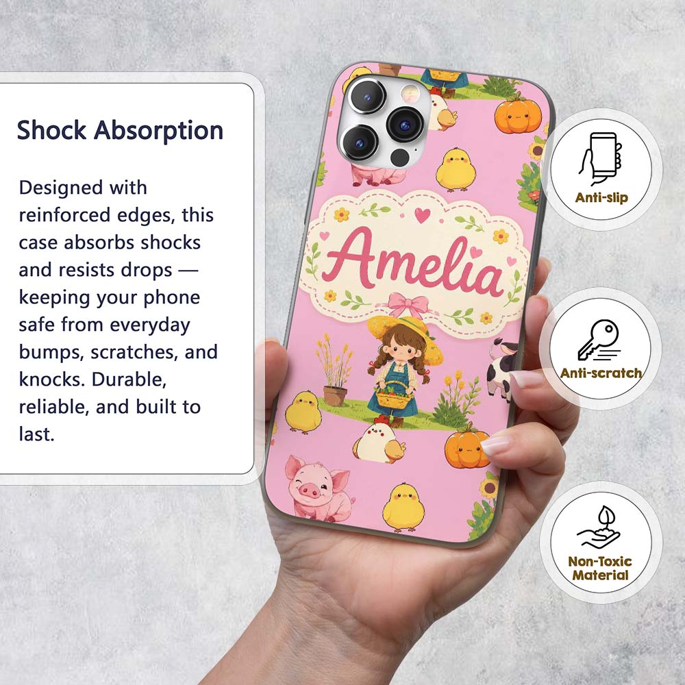 Cute Farm Girl Animals Harvest Seamless Pattern Custom Name Protective Phone Case Mobile Cover Durable Everyday Smartphone Shock Resistant