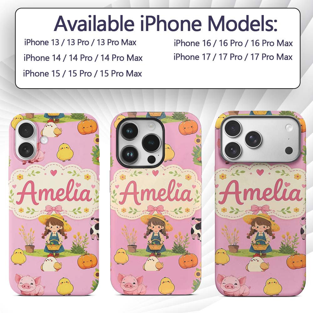 Cute Farm Girl Animals Harvest Seamless Pattern Custom Name Protective Phone Case Mobile Cover Durable Everyday Smartphone Shock Resistant