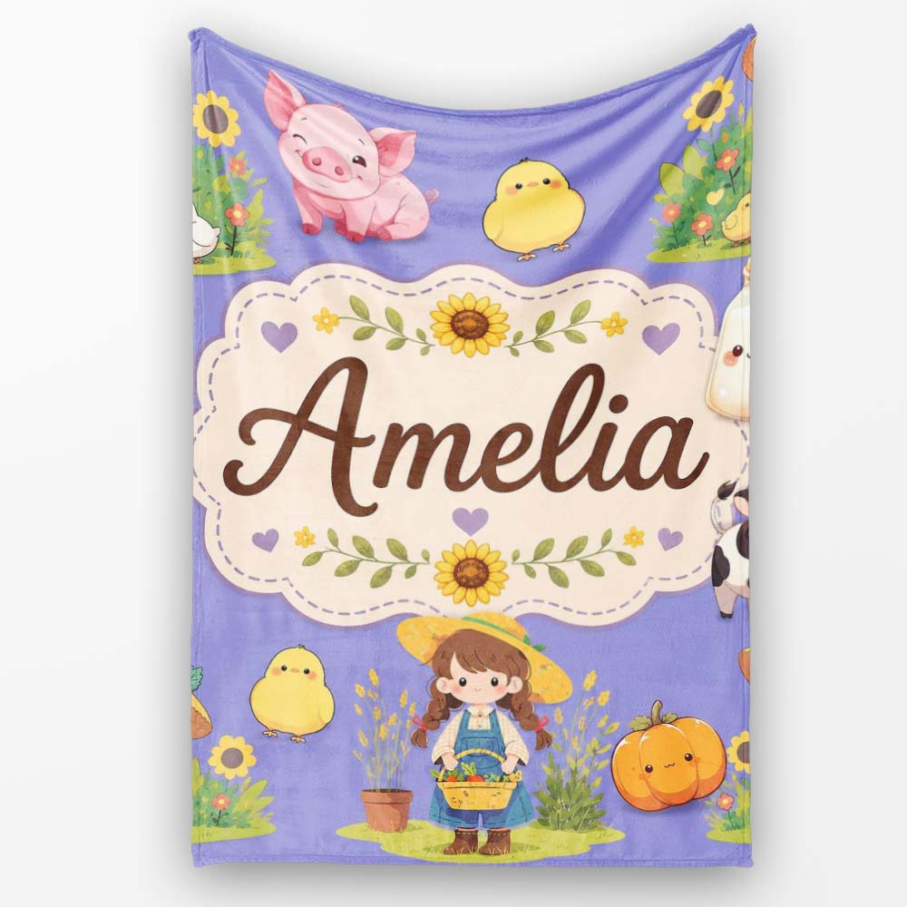 Cute Farm Girl Animals Harvest Seamless Pattern Purple Background  Personalised Custom Name Super Soft Fleece Blanket Bed Sofa Throw