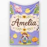 Cute Farm Girl Animals Harvest Seamless Pattern Purple Background  Personalised Custom Name Super Soft Fleece Blanket Bed Sofa Throw