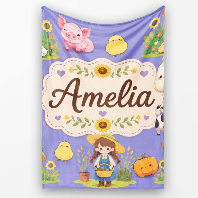 Cute Farm Girl Animals Harvest Seamless Pattern Purple Background  Personalised Custom Name Super Soft Fleece Blanket Bed Sofa Throw