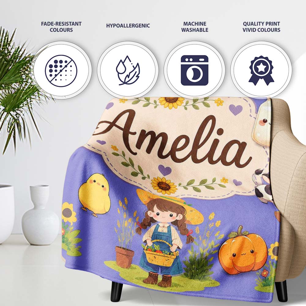 Cute Farm Girl Animals Harvest Seamless Pattern Purple Background  Personalised Custom Name Super Soft Fleece Blanket Bed Sofa Throw