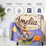 Cute Farm Girl Animals Harvest Seamless Pattern Purple Background  Personalised Custom Name Super Soft Fleece Blanket Bed Sofa Throw