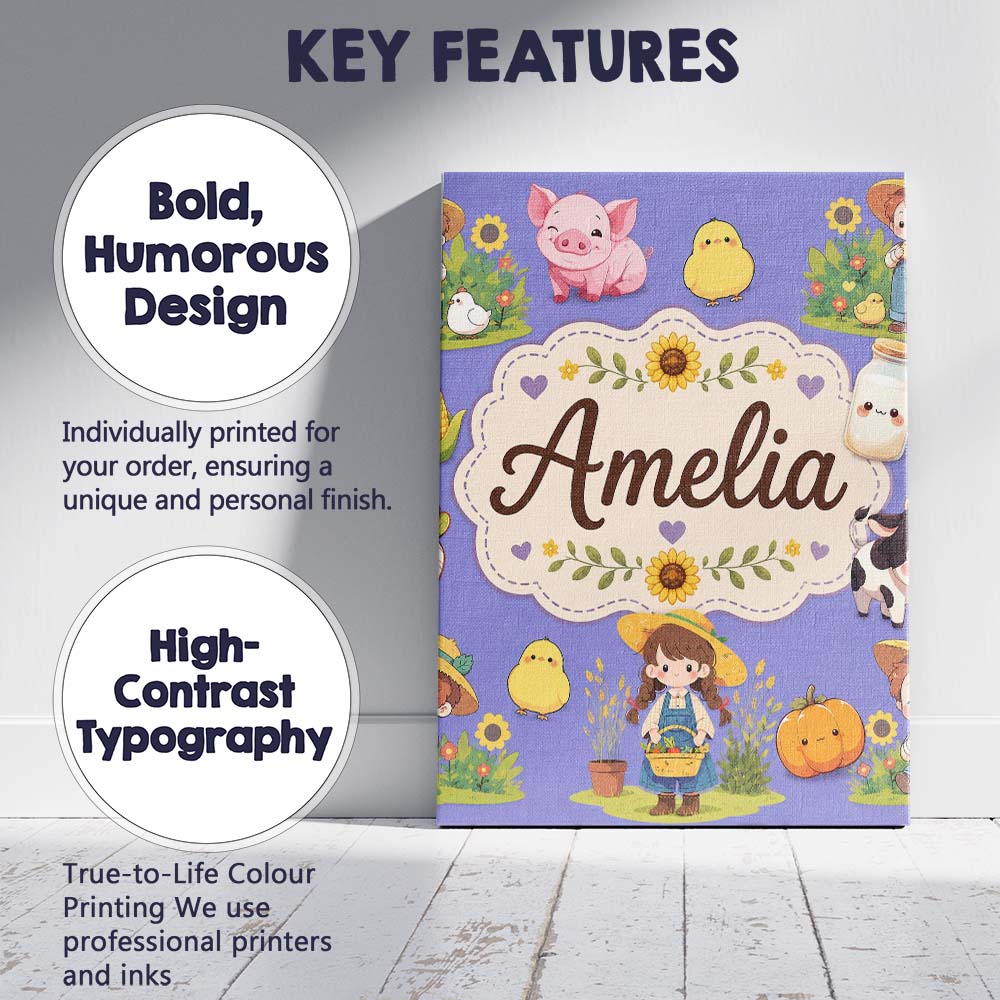 Personalised Name Cute Farm Girl Animals Custom  Unique Gift Idea Elegant Feature Canvas Wall Art Print Decor Picture Ready to Hang