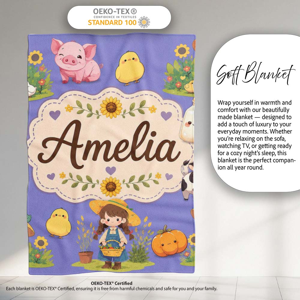 Cute Farm Girl Animals Harvest Seamless Pattern Purple Background  Personalised Custom Name Super Soft Fleece Blanket Bed Sofa Throw
