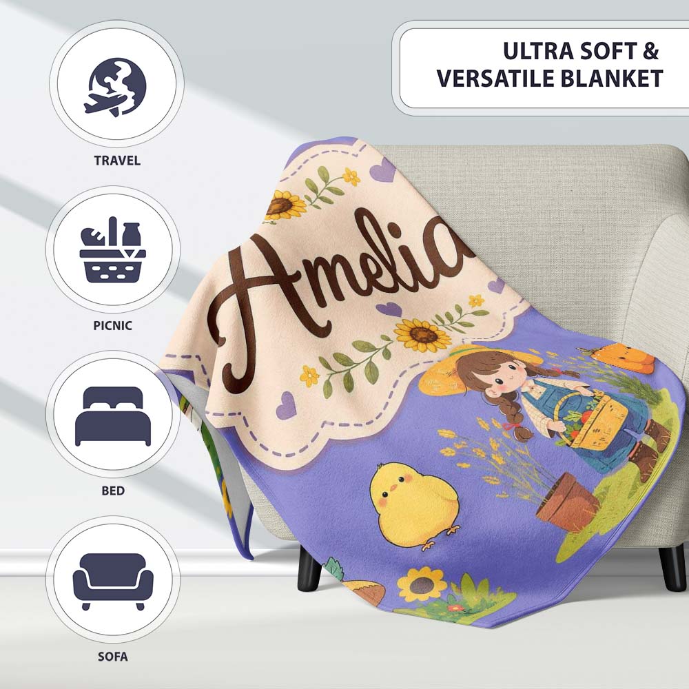 Cute Farm Girl Animals Harvest Seamless Pattern Purple Background  Personalised Custom Name Super Soft Fleece Blanket Bed Sofa Throw