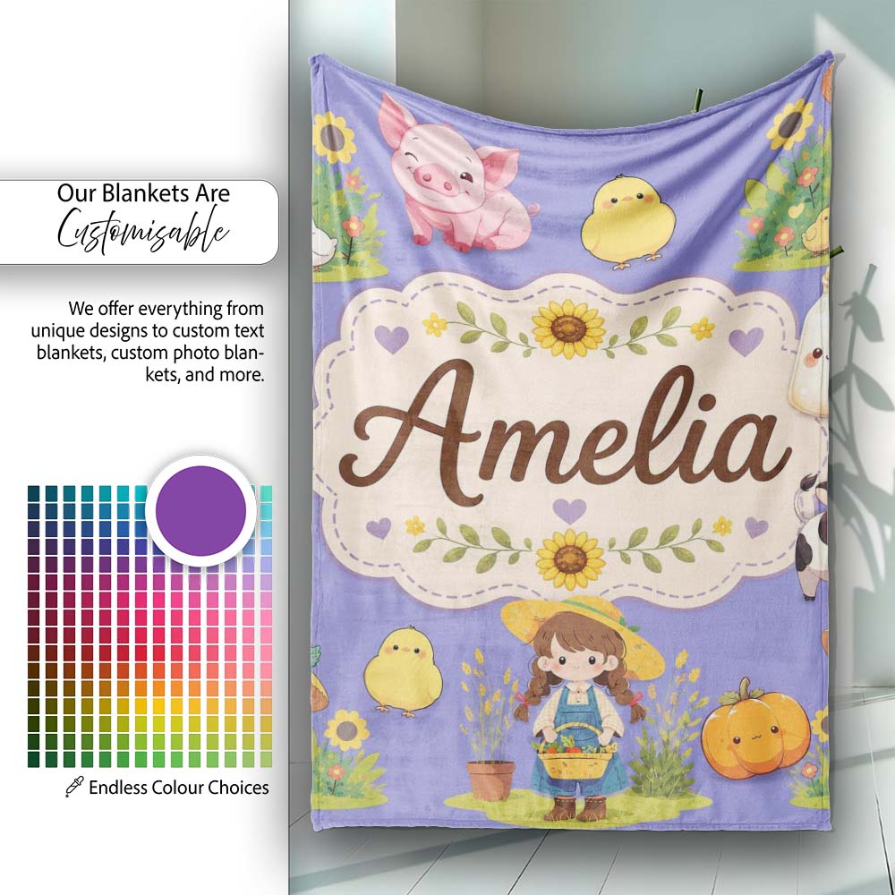 Cute Farm Girl Animals Harvest Seamless Pattern Purple Background  Personalised Custom Name Super Soft Fleece Blanket Bed Sofa Throw