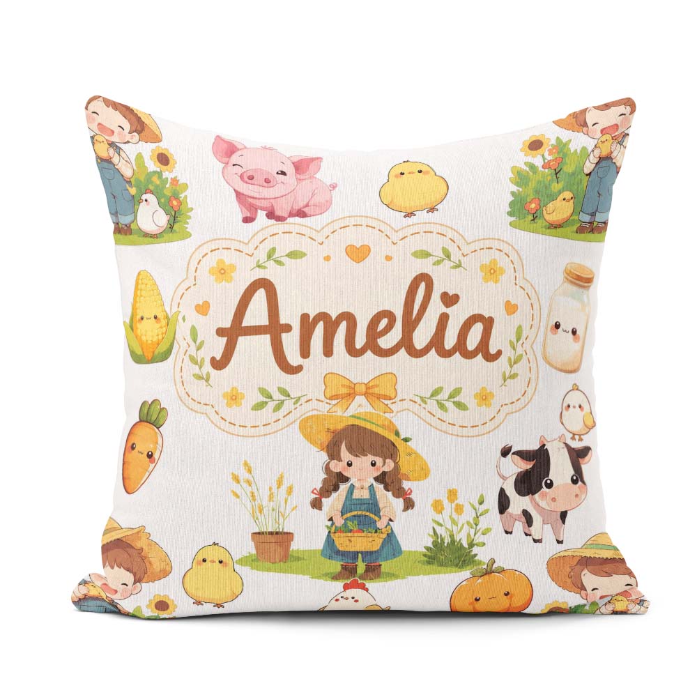 Custom Name Cute Farm Girl Animals Harvest Seamless Pattern Grey Square Filled Cushion Throw Pillow Sofa Bed Home Decor Zip Washable UK Made