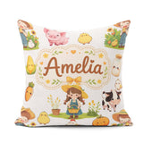 Custom Name Cute Farm Girl Animals Harvest Seamless Pattern Grey Square Filled Cushion Throw Pillow Sofa Bed Home Decor Zip Washable UK Made