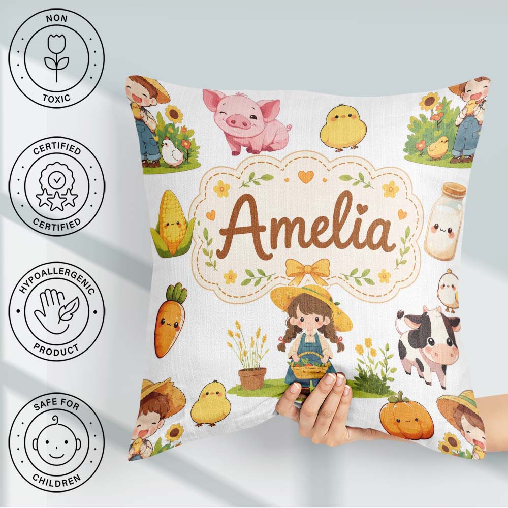 Custom Name Cute Farm Girl Animals Harvest Seamless Pattern Grey Square Filled Cushion Throw Pillow Sofa Bed Home Decor Zip Washable UK Made