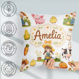 Custom Name Cute Farm Girl Animals Harvest Seamless Pattern Grey Square Filled Cushion Throw Pillow Sofa Bed Home Decor Zip Washable UK Made