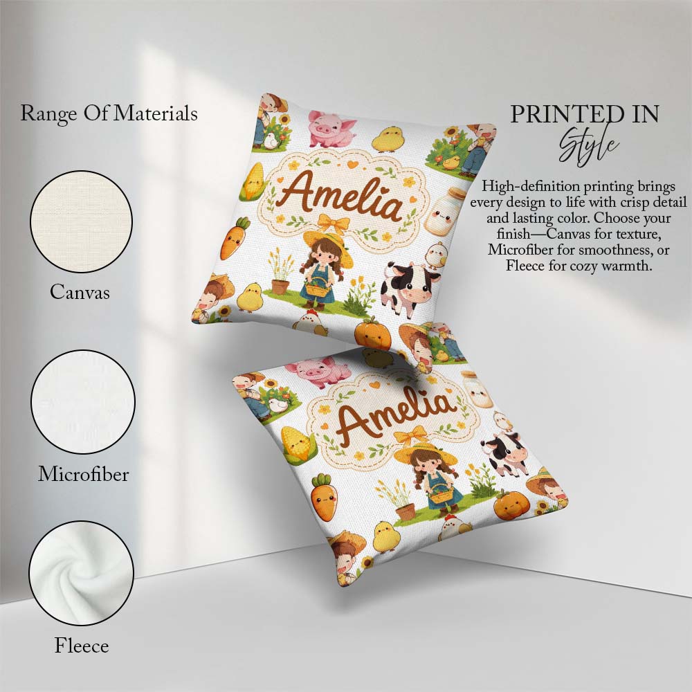 Custom Name Cute Farm Girl Animals Harvest Seamless Pattern Grey Square Filled Cushion Throw Pillow Sofa Bed Home Decor Zip Washable UK Made