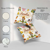 Custom Name Cute Farm Girl Animals Harvest Seamless Pattern Grey Square Filled Cushion Throw Pillow Sofa Bed Home Decor Zip Washable UK Made