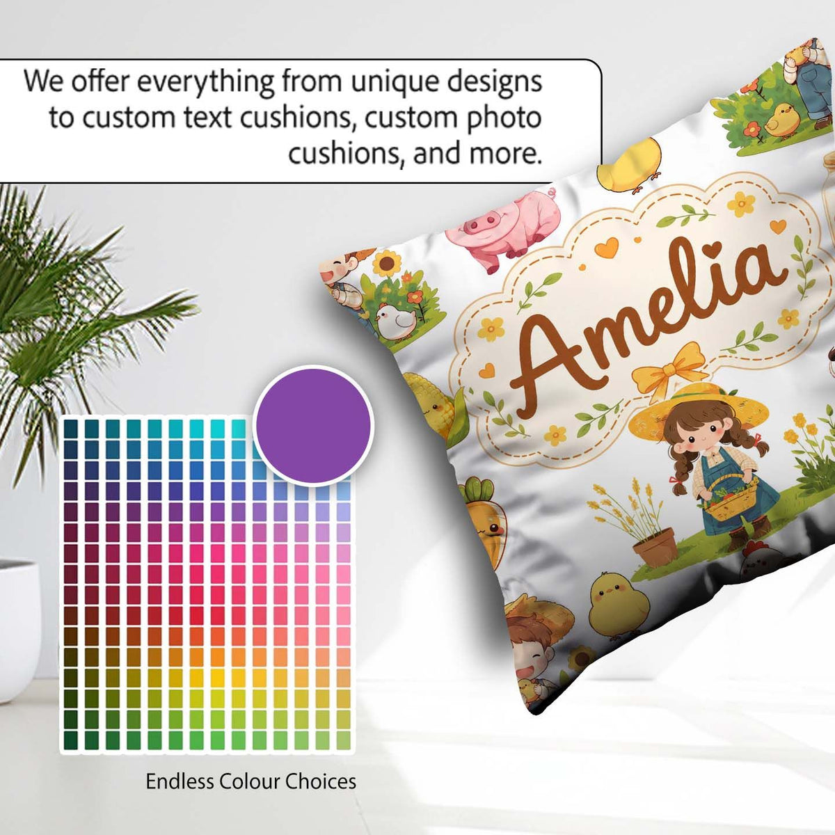Custom Name Cute Farm Girl Animals Harvest Seamless Pattern Grey Square Filled Cushion Throw Pillow Sofa Bed Home Decor Zip Washable UK Made