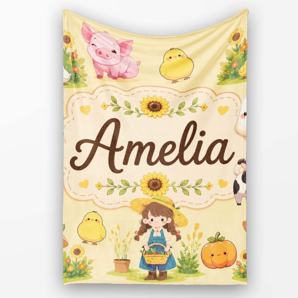 Cute Farm Girl Animals Harvest Seamless Pattern Yellow Background  Personalised Custom Name Super Soft Fleece Blanket Bed Sofa Throw
