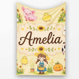 Cute Farm Girl Animals Harvest Seamless Pattern Yellow Background  Personalised Custom Name Super Soft Fleece Blanket Bed Sofa Throw