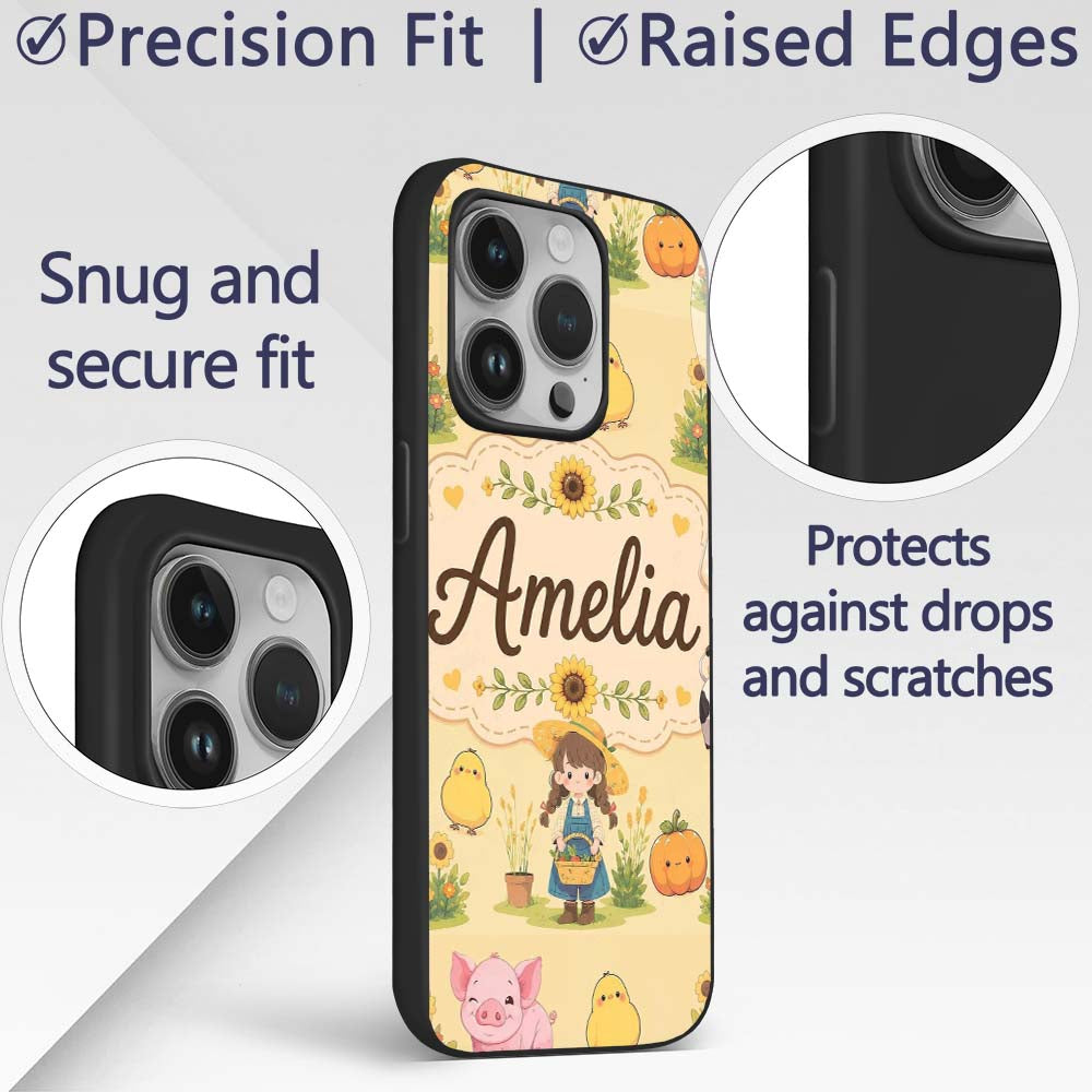 Cute Farm Girl Animals Harvest Seamless Pattern Custom Name Protective Phone Case Mobile Cover Durable Everyday Smartphone Shock Resistant