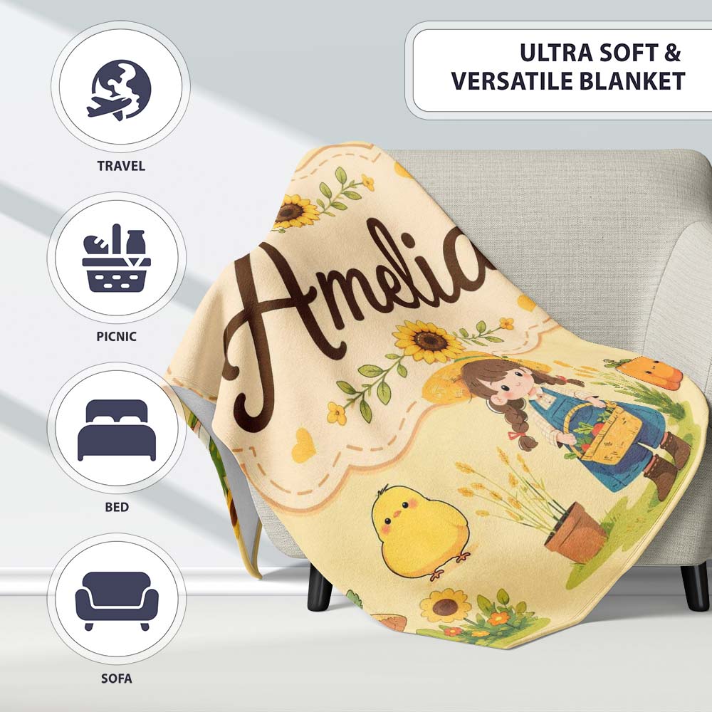 Cute Farm Girl Animals Harvest Seamless Pattern Yellow Background  Personalised Custom Name Super Soft Fleece Blanket Bed Sofa Throw
