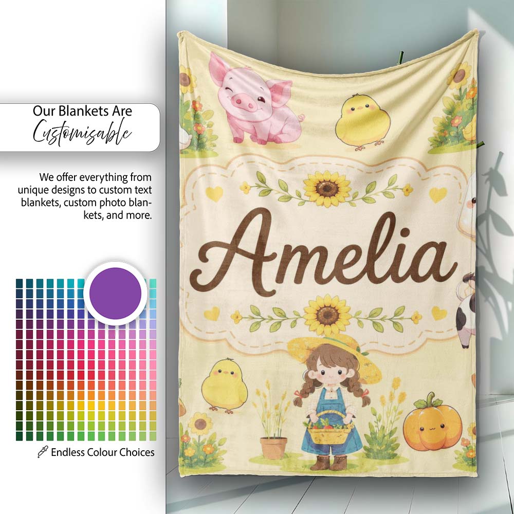 Cute Farm Girl Animals Harvest Seamless Pattern Yellow Background  Personalised Custom Name Super Soft Fleece Blanket Bed Sofa Throw