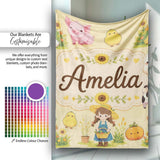 Cute Farm Girl Animals Harvest Seamless Pattern Yellow Background  Personalised Custom Name Super Soft Fleece Blanket Bed Sofa Throw