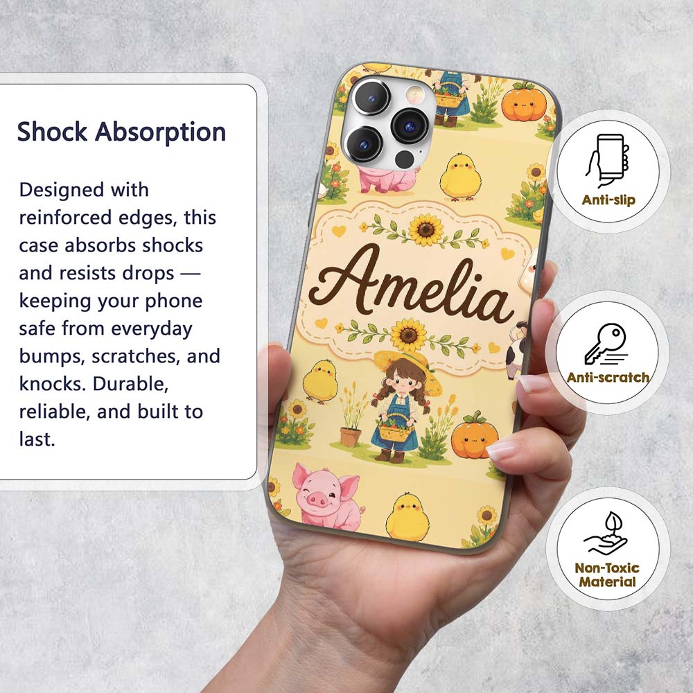 Cute Farm Girl Animals Harvest Seamless Pattern Custom Name Protective Phone Case Mobile Cover Durable Everyday Smartphone Shock Resistant