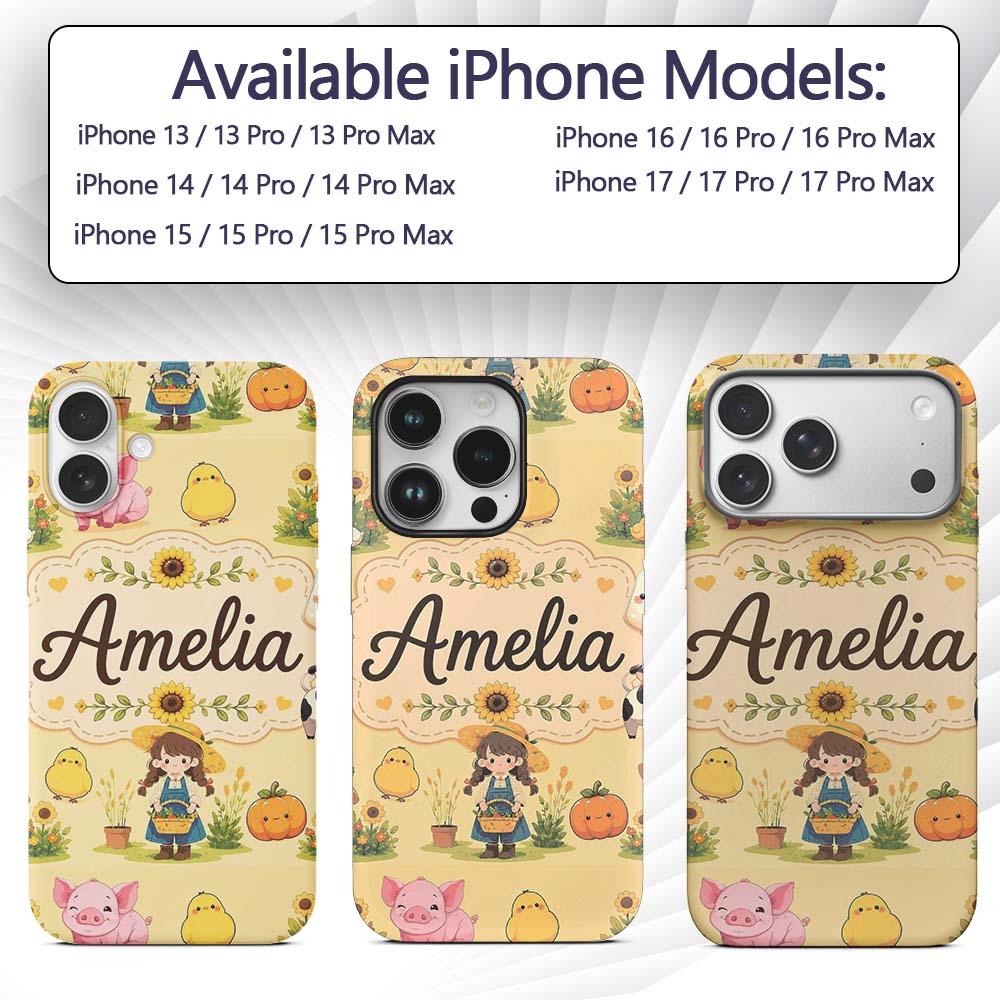 Cute Farm Girl Animals Harvest Seamless Pattern Custom Name Protective Phone Case Mobile Cover Durable Everyday Smartphone Shock Resistant