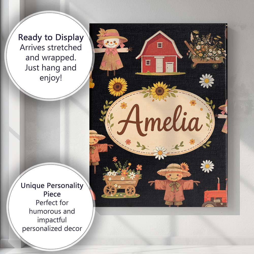 Personalised Name Cute Autumn Scarecrow Custom  Modern Room Accent Elegant Feature Canvas Wall Art Print Decor Picture Ready to Hang