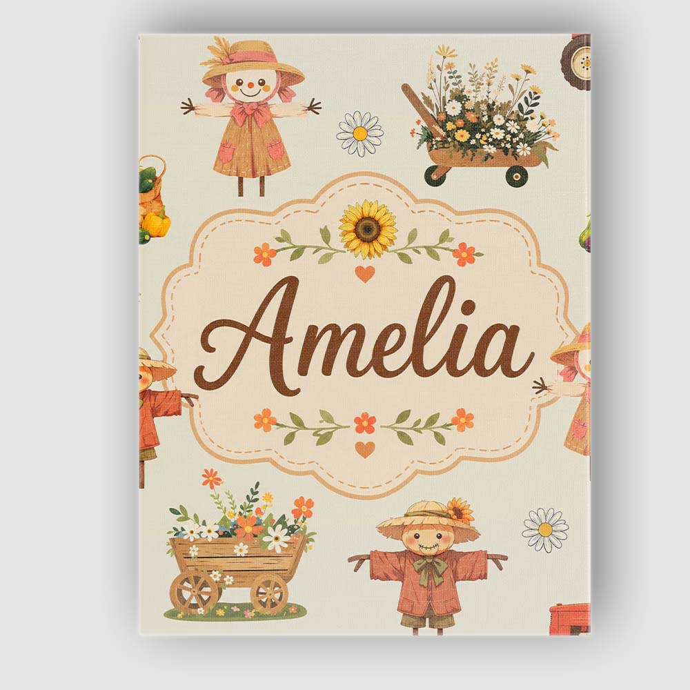 Personalised Name Cute Autumn Scarecrow Custom  Modern Room Accent Elegant Feature Canvas Wall Art Print Decor Picture Ready to Hang