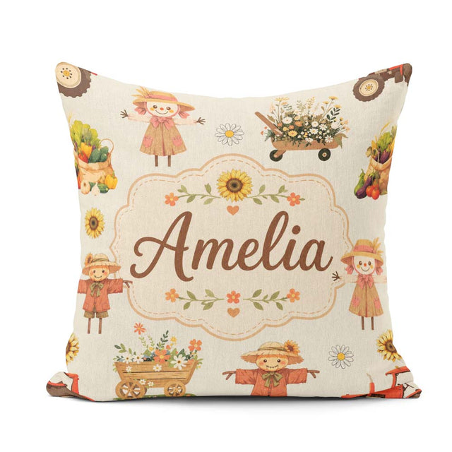 Custom Name Autumn Scarecrow Barn Flowers Seamless Pattern Cream Square Filled Cushion Throw Pillow Sofa Bed Home Decor Zip Washable UK Made
